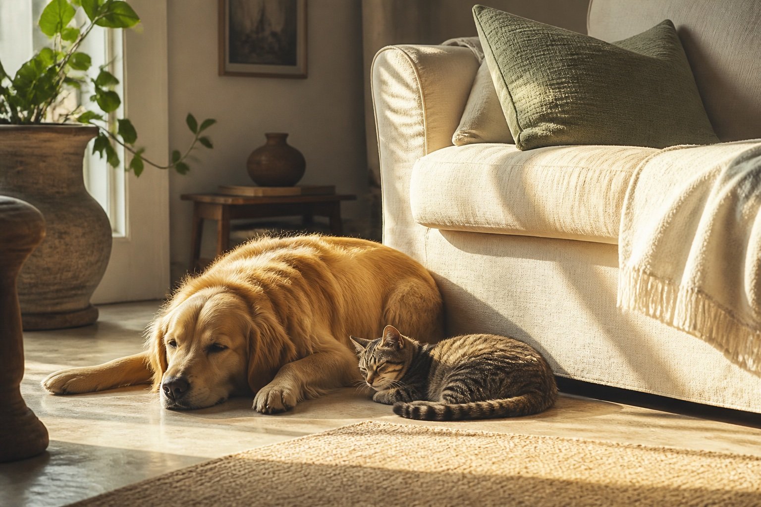 A dog and a tabby cat resting together in warm sunlight; editorial illustration