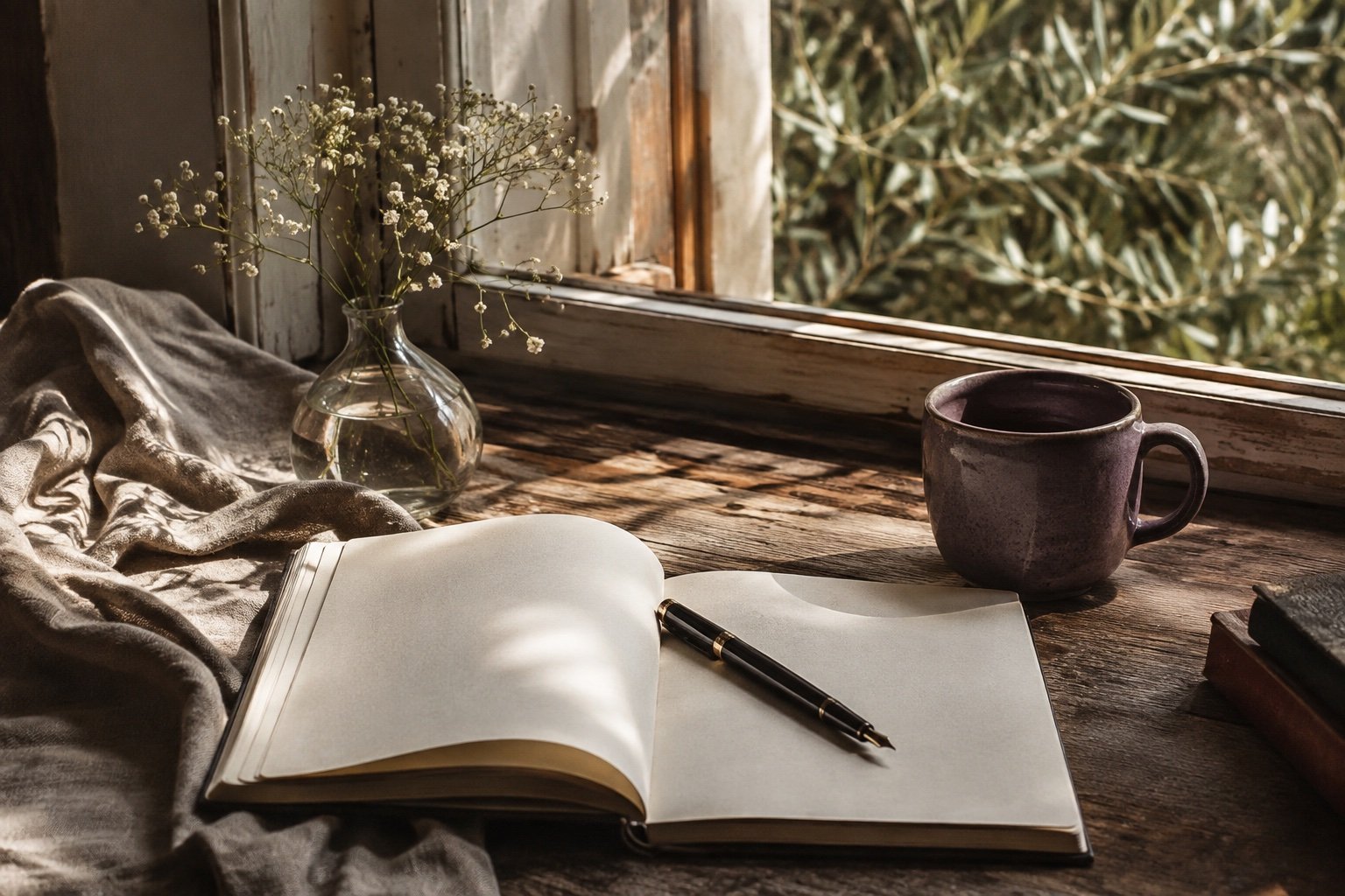 An open journal, a fountain pen and a plum cup in gentle morning light