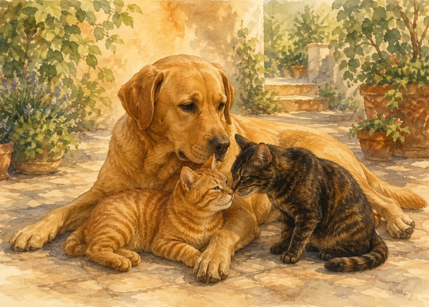 Watercolor illustration of Bolt, a golden-brown Labrador, cuddling beside orange Tangy and black-and-brown Snooky as the two cats touch noses.