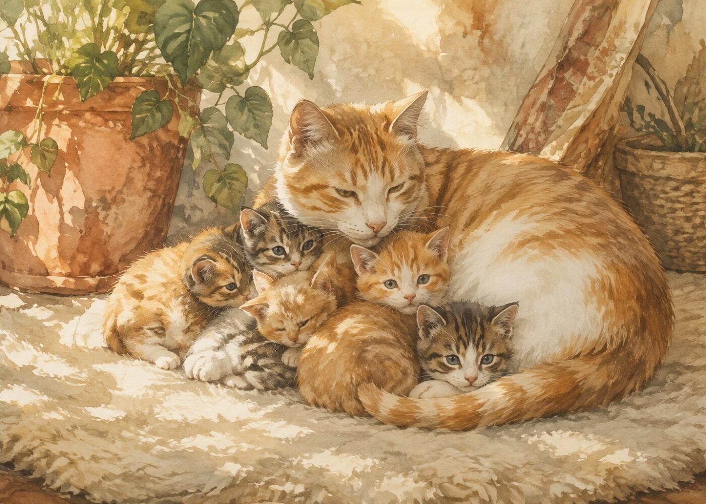 Watercolor illustration of an orange-and-white mother cat nestled with five kittens on an ivory rug.